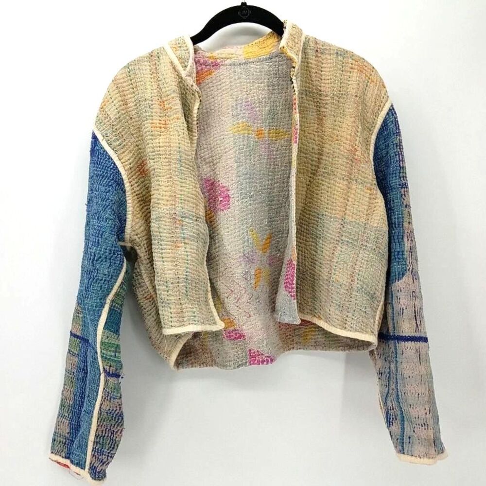 Reversible Kantha Quilted Patchwork Cropped Jacket Handmade Boho Wearable Art - Picture 1 of 14
